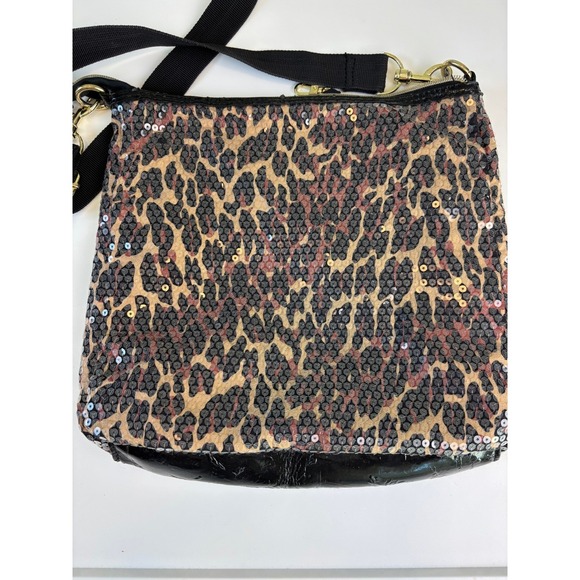 Betsey Johnson Leopard Print Sequin Crossbody Bag Gold Hardware Brown Black - Picture 4 of 11